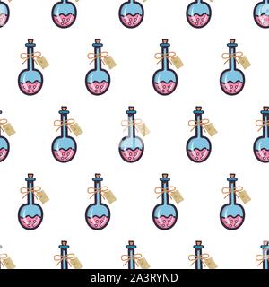 Vintage seamless pattern with round poison bottle for wallpaper design, fabric, wrapping paper. Halloween party. Hand drawn vector doodle chemistry. Stock Vector