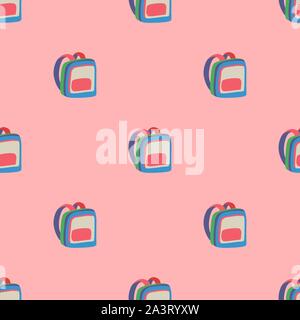 Cartoon illustration with seamless pattern with multicolor backpack on pink background for print design. Modern colorful flat decoration vector elements. Stock Vector