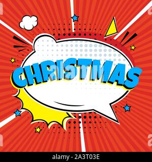 Comic Lettering Christmas In The Speech Bubbles Comic Style Flat Design. Dynamic Pop Art Vector Illustration Isolated On Rays Background. Exclamation Stock Vector