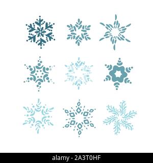 Set of hand drawn blue Christmas vintage scandinavian snowflakes. Xmas decorative design element in retro style, isolated winter vector illustration Stock Vector