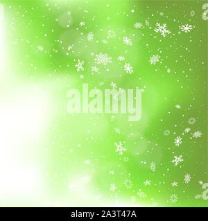 snowfall on green snowy clouds backdrop Stock Vector