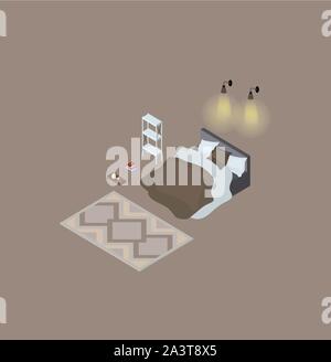 Set of isometric elements for the bedroom. A double bed with a bedspread, a carpet, a bookcase, lamps and a tray with a candle and a cup of cocoa with Stock Vector
