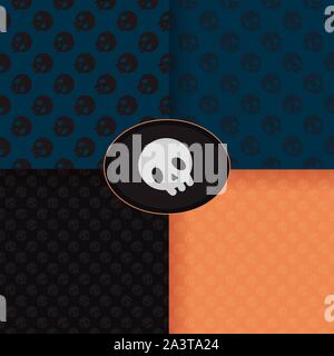Set of patterns with cute skulls. For Halloween cards, wrapping paper print, web page backdrop. On an orange, dark blue and black background. Cute sea Stock Vector