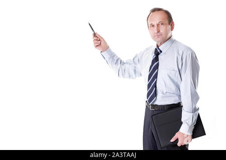 serious businessman pointing marker at copy space Stock Photo