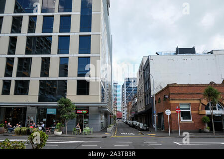 Modern and historic downtown of Auckland, corner of Britomart Place and Tyler Street. Stock Photo
