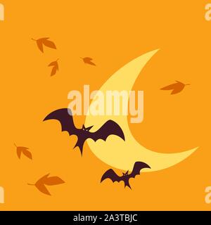 Silhouette of two bats flying with a moon background and autumn leaves in the wind. Stock Vector