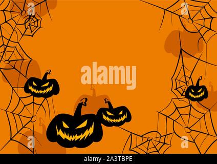 Horizontal orange Halloween frame with creepy jack o'lantern pumpkins, shadows and cobwebs. Stock Vector