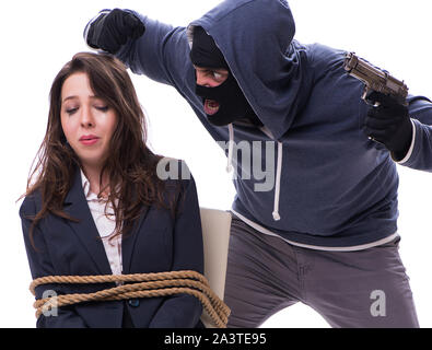 The kidnapper with tied woman isolated on white Stock Photo