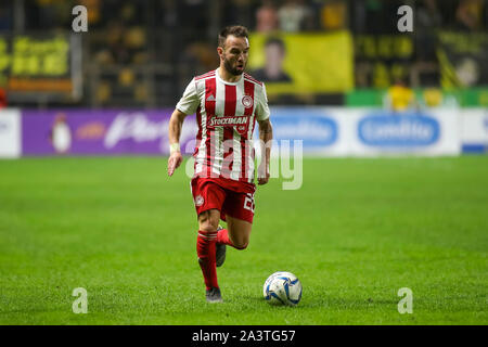Thessaloniki, Greece -  Οct 6, 2019: player of Olympiacos Mathieu Valbuena in action during a Greek Superleague soccer match between ARIS and Olympiac Stock Photo