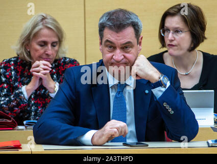 Munich, Germany. 10th Oct, 2019. Markus Söder (CSU, M), Prime Minister of Bavaria, sits in the plenary session of the Bavarian Parliament. Credit: Rachel Boßmeyer/dpa/Alamy Live News Stock Photo