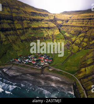 Aerial view of the Tjornuvik village and its beach in the Faroe Islands Stock Photo