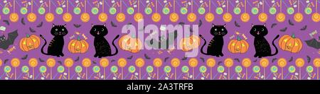 Fun hand drawn multicolor Halloween border with cats, bats, pumpkins and lollipops. Seamless vector pattern on purple background. Great for banners Stock Vector