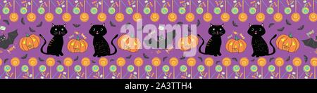 Hand drawn Halloween border with cute cats, pumpkins, bats and lollipops on purple background Stock Vector