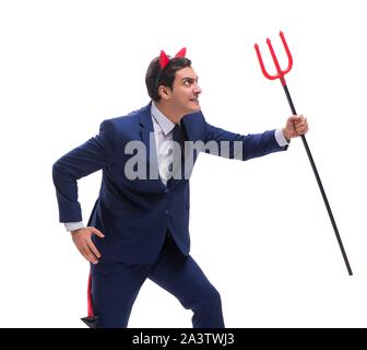 Evil devil businessman with pitchfork isolated on white background Stock Photo