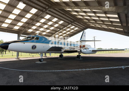 The airplane that is sometimes jokingly referred to as Air Force One-Half, although any plane that carries the president of the United States is Air Force One when it's in the air. This Lockheed JetStar, now permanently displayed at the LBJ Ranch near Stonewall, Texas, flew Lyndon Johnson in and out of the ranch when he was vice president and president in the 1960s. Johnson traveled on a Boeing 707 for most trips when he was president, but he also had a fleet of smaller planes available to him, including several JetStars Stock Photo