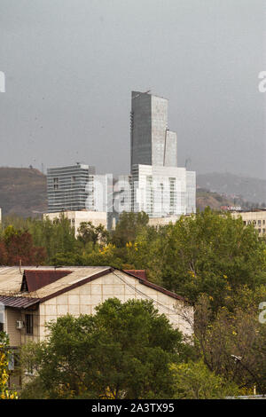 Almaty / Kazakhstan - April 2019: Ritz Carlton Hotel and Esentai Shopping Center in cloudy weather. Stock Photo