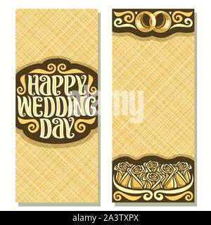 Vector invitations for Wedding with copy space, pair of golden shiny engagement rings and bouquet of gold roses, art sign with original vintage font f Stock Vector