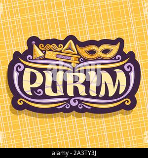 Vector logo for Purim holiday, cut label with carnival mask and clown hat, masquerade mustache, oznei haman and noise maker toy, original brush font f Stock Vector