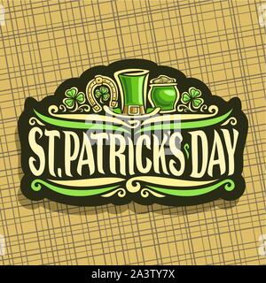 Vector logo for Saint Patricks Day, vintage cut paper sign with shamrock leaves, label with title st. patrick's day, lucky symbol golden horseshoe, le Stock Vector