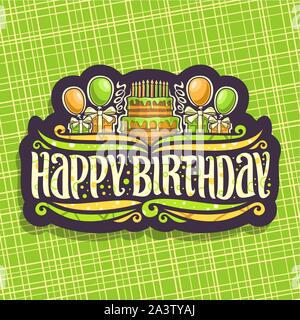 Vector logo for Birthday holiday, 10 burning candles on celebrate cake, original font for greeting title text happy birthday with soap bubbles and con Stock Vector