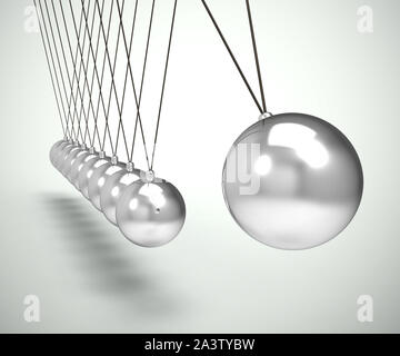 Newtons cradle pendulum with sphere or ball shows impact and effect. Swinging hypnotic physical experiment - 3d illustration Stock Photo