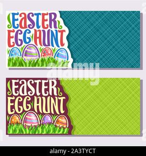 Vector banners for Easter holiday with copy space, original handwritten brush typeface for title text easter egg hunt, 4 colorful painted eggs on spri Stock Vector