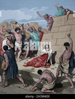 Martyrdom of St. Stpehen. (Act 7:60). Bible Illustration by Gustave Dore. 19th century. Later colouration. Stock Photo