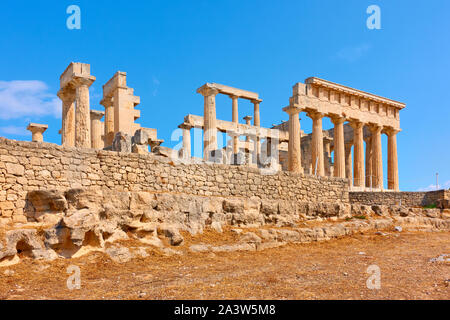 Ruins of ancient greek temple of Aphaea in Aegina Island,  Greece Stock Photo