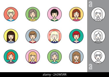 A set of female avatars, in flat style with black stroke. Variety of hairstyles, clothing and colours with a black and white set to colour yourself. E Stock Vector