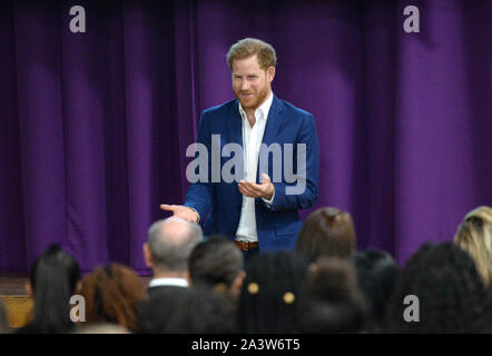 The Duke of Sussex attends a school assembly with Year 11 students during a visit to the Nottingham Academy during his visit to mark World Mental Health Day. Stock Photo