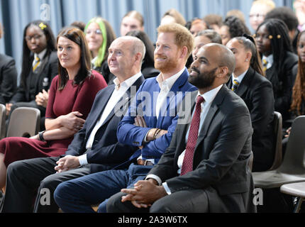 The Duke of Sussex attends a school assembly with Year 11 students during a visit to the Nottingham Academy during his visit to mark World Mental Health Day. Stock Photo