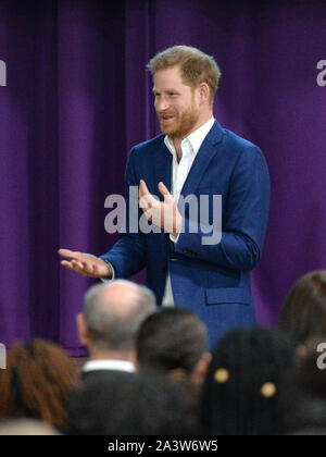 The Duke of Sussex attends a school assembly with Year 11 students during a visit to the Nottingham Academy during his visit to mark World Mental Health Day. Stock Photo