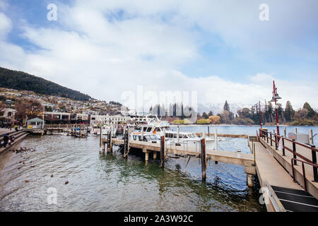 Queenstown, New Zealand - September 26 2019: Queenstown waterfront on Lake Wakatipu on a sunny spring day in New Zealand Stock Photo