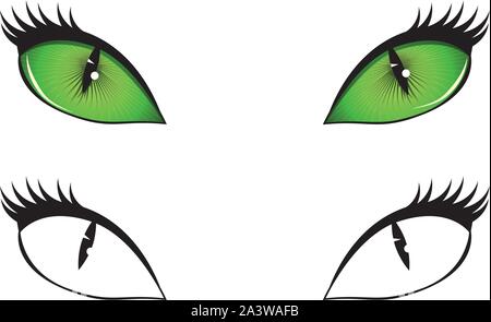 Green, black and white cartoon cat eyes illustration. Stock Vector