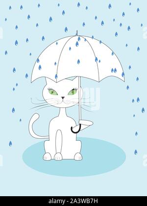 Cartoon cat with green eyes holding umbrella on blue rainy background. Stock Vector