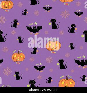 Funky hand drawn Halloween design with cats, bats, pumpkins and spiderwebs. Seamless vector pattern on purple background with subtle confetti texture Stock Vector