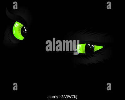 Cartoon cat eyes of green color on black background. Stock Vector