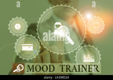 Handwriting text writing Mood Trainer. Conceptual photo a demonstrating who trains to alleviate mood disorders of a demonstrating Woman wear formal wo Stock Photo