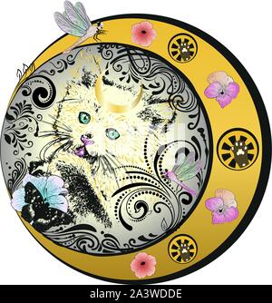White kitten with petunia flowers butterfly and dragonflies, vintage floral frame. Stock Vector