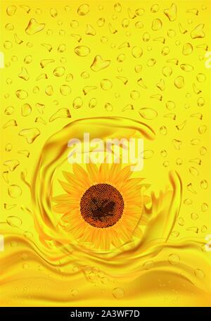 Sunflower oil. 3D realistic flower. Sunflower on yellow background. Splashes and golden drops. Vector illustration Stock Vector