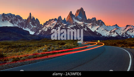 Fitz Roy Mt. and Cerro Torre at sunset, byt the route. EL Chalten, Santa Cruz, Argentina. Stock Photo