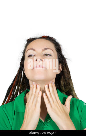 Throat Pain. Closeup Of Sick Woman With Sore Throat Feeling Bad, Suffering From Painful Swallowing. Beautiful Girl Touching Neck With Hand. Illness Stock Photo