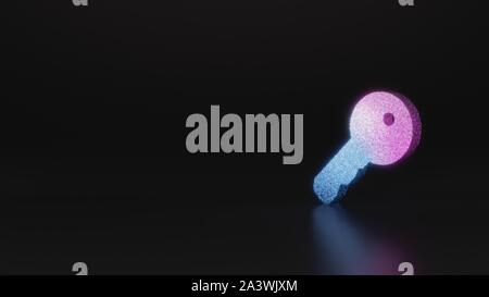 glitter neon violet pink ombre symbol of key 3D rendering on black background with blurred reflection with sparkles Stock Photo