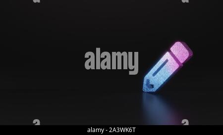 glitter neon violet pink ombre symbol of pencil  3D rendering on black background with blurred reflection with sparkles Stock Photo