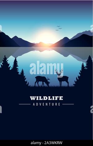 wildlife adventure elk in the wilderness blue lake at sunset vector illustration EPS10 Stock Vector