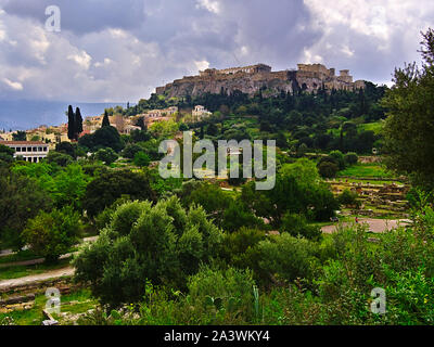 Acropolis and  ancient Agora, Stoa of Attalos and Lycabettus hill. Beautiful landscape, nature and ancient monuments panorama. Stock Photo