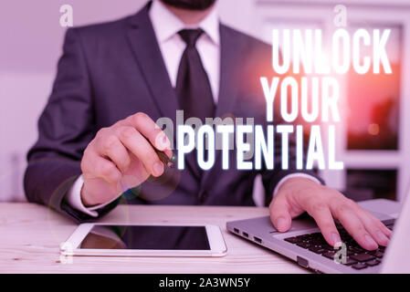 Handwriting text writing Unlock Your Potential. Conceptual photo improve self awareness Skills to Achieve more Stock Photo