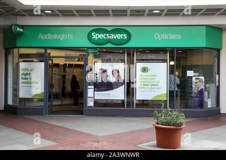 Leatherhead, Surrey, UK - Specsavers Opticians and Audiologist high street shop in Swan Centre, 2019 Stock Photo