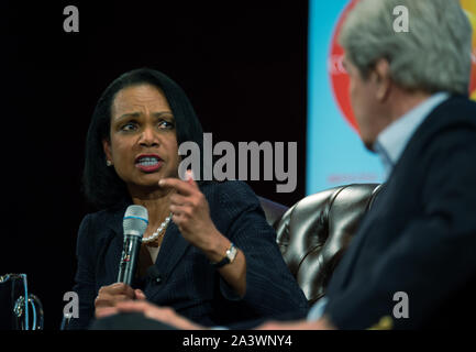 03/19/2019: Notre Dame, IN, USA.  Former U.S. Secretaries of State Condoleezza Rice (Left) and John Kerry (Right) appeared at the Common Ground Committee public forum inside the 900 seat Leighton Concert Hall at the University of Notre Dame.  The forum was cosponsored by BridgeND, The Rooney Center for the Study of American Democracy and the Notre Dame International Security Center. Stock Photo