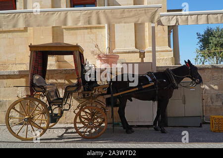 A horse and carriage waiting in the shade to transport tourists around Valletta, Malta Stock Photo